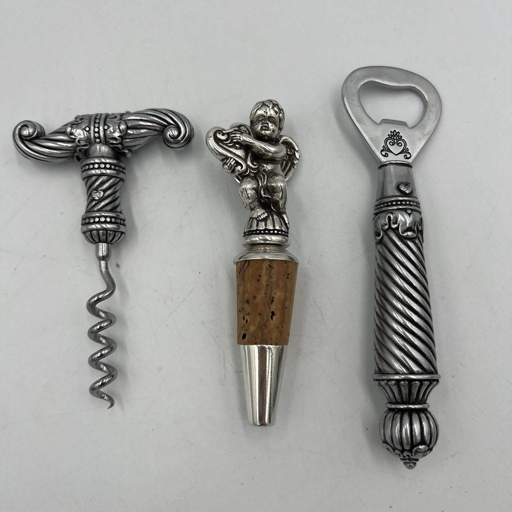 Vintage Ornate Barware‎ Set Corkscrew Bottle Opener Stopper B Heart Mark Taiwan